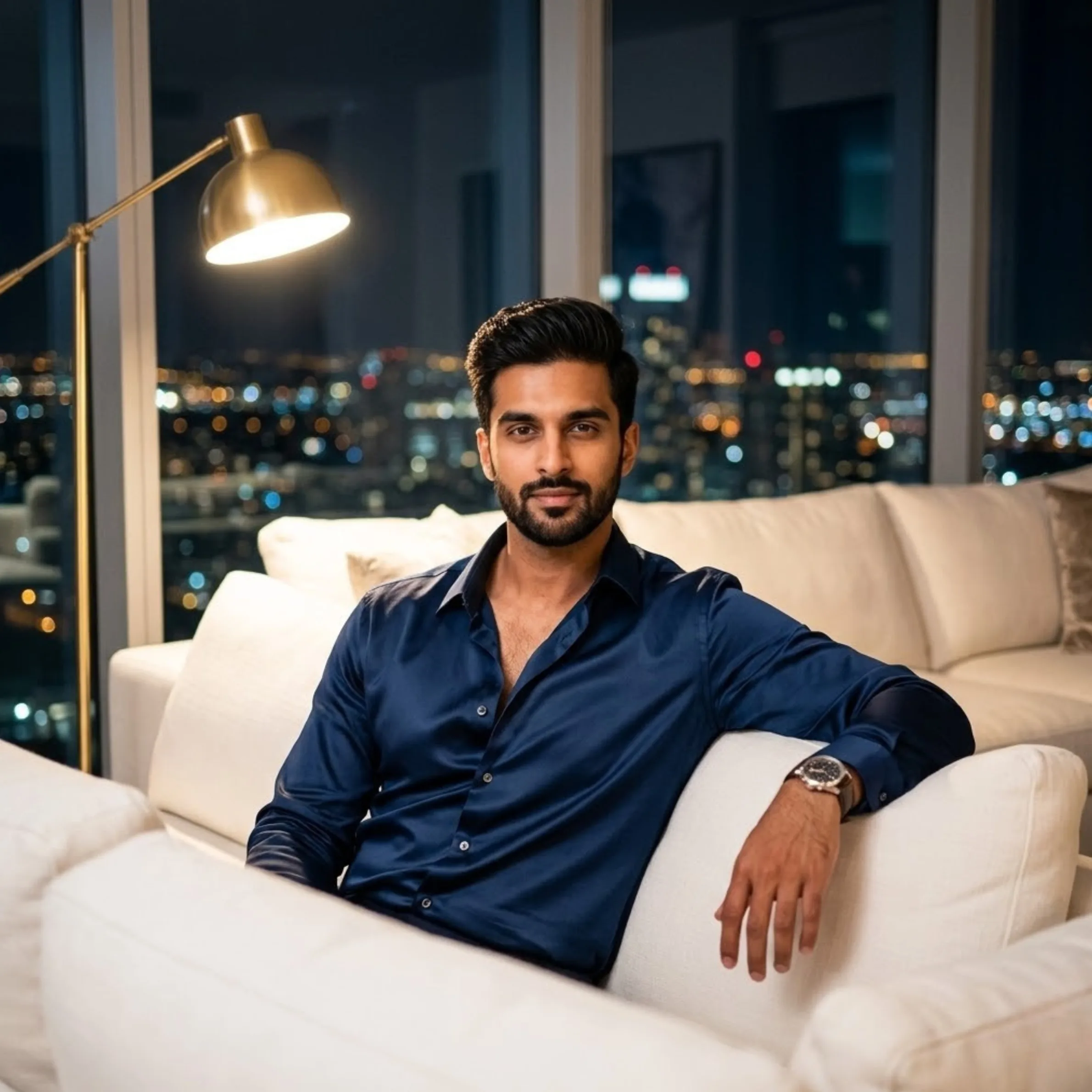Prompt 8 penthouse nightfall cinematic luxury portrait at night
